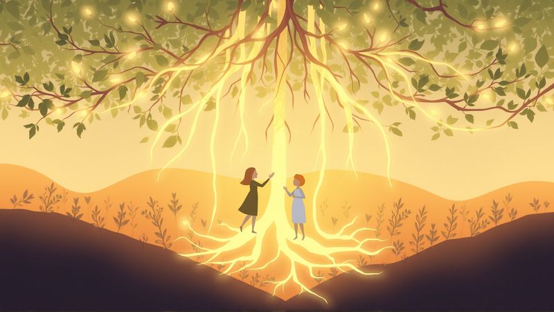 Raíces luminosas conectan un espacio de paz