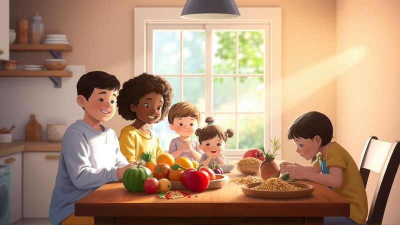 Niños exploran comida en luz cálida