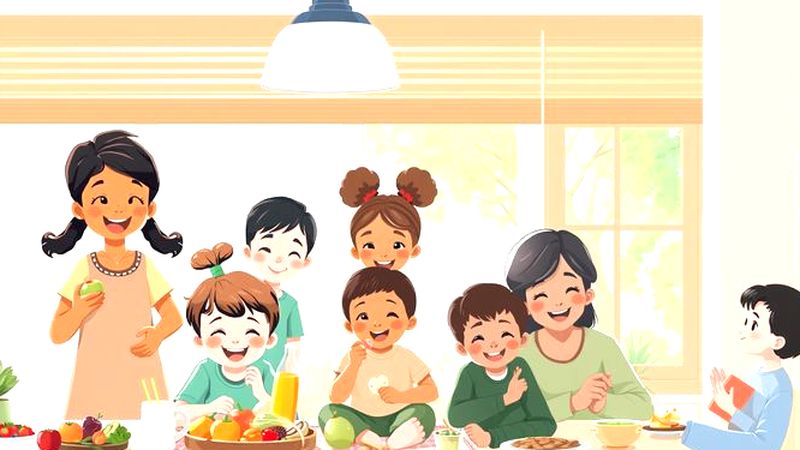 Niños felices disfrutan alimentos saludables en casa