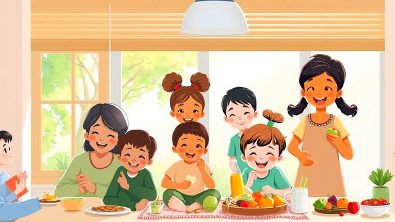 Niños felices disfrutan alimentos saludables en casa